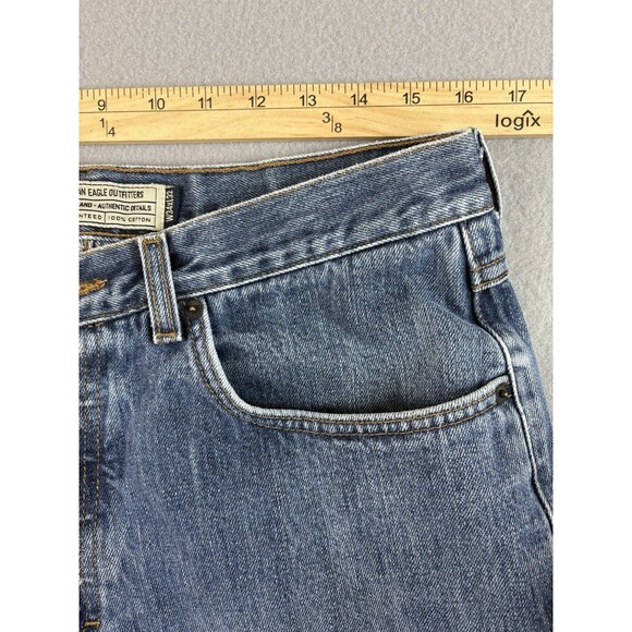 American Eagle Jeans 32x31 Blue Button Fly Relaxed Straight Distressed Tag 34x32 - Picture 4 of 14